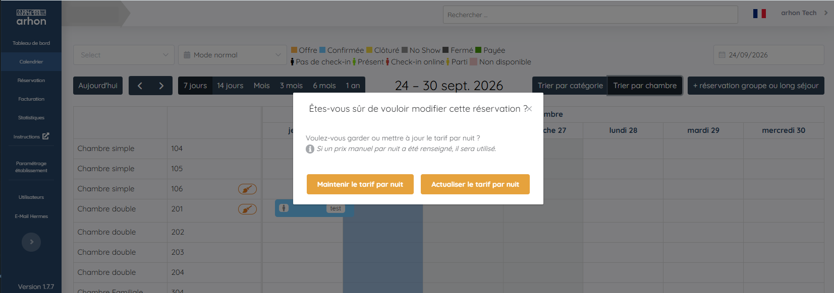La confirmation et le choix du tarif par nuit
