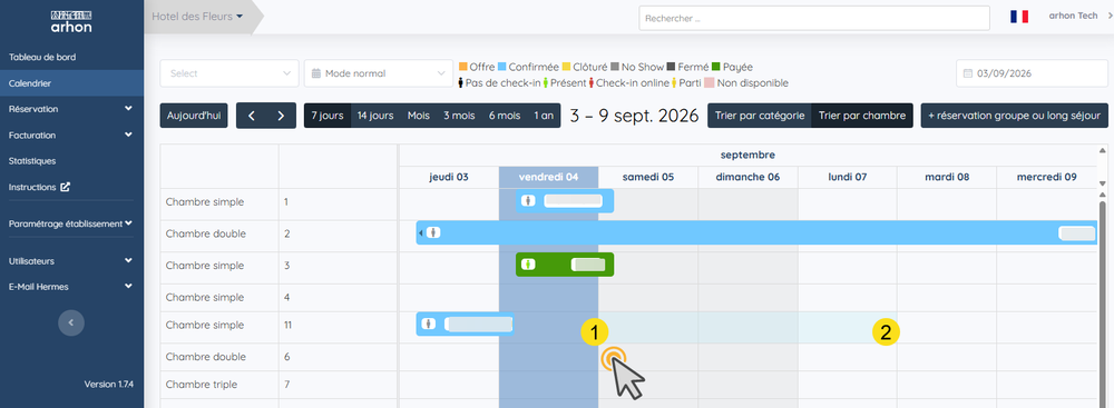 Sélection des dates sur la ligne d'une chambre du calendrier