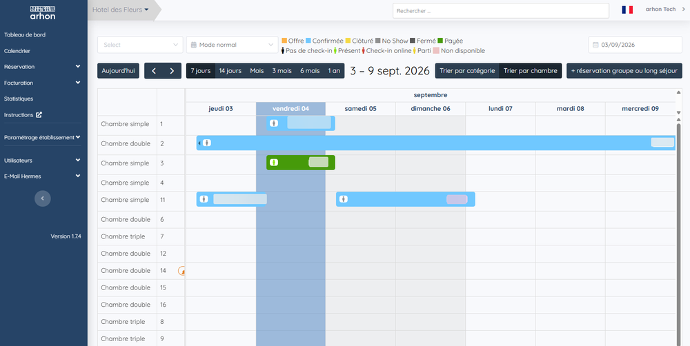 Calendrier repositionné sur la date d'arrivée, avec la réservation créée