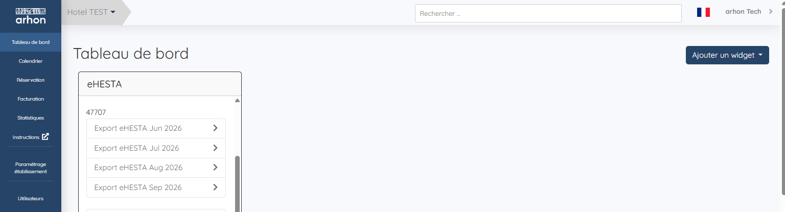 Widget eHESTA du tableau de bord, avec un export par mois