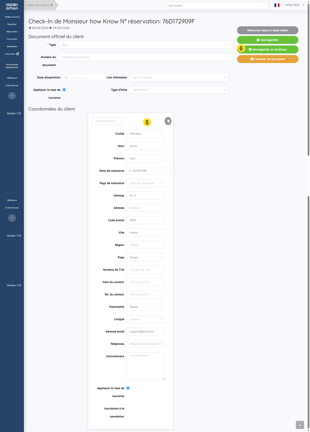 Écran de check-in du premier hôte