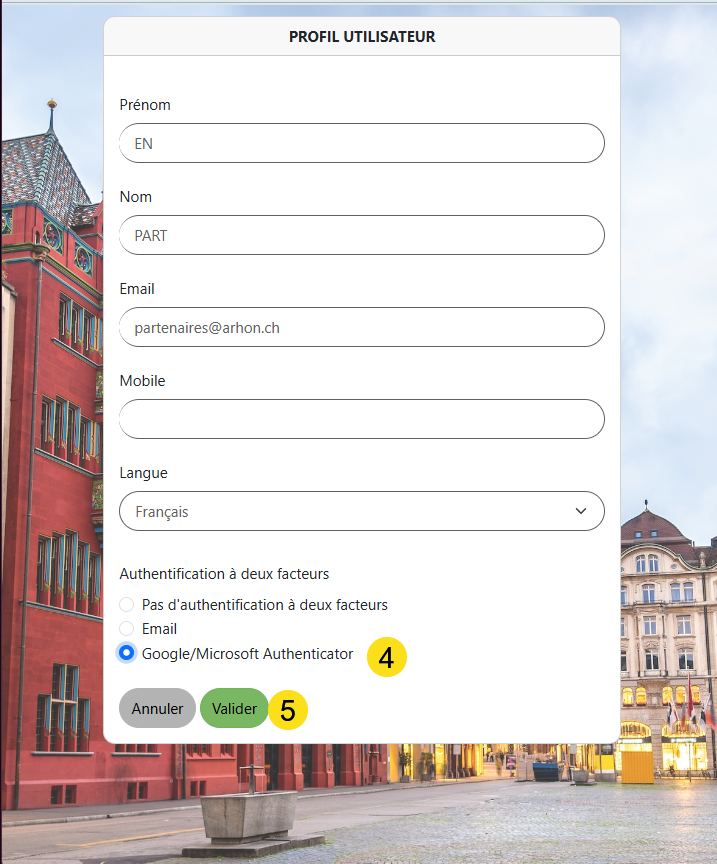 Formulaire d'édition du profil avec le choix Google/Microsoft Authenticator