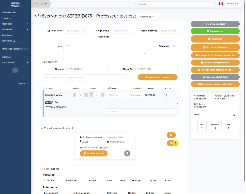 L'icône historique à droite de la fiche client
