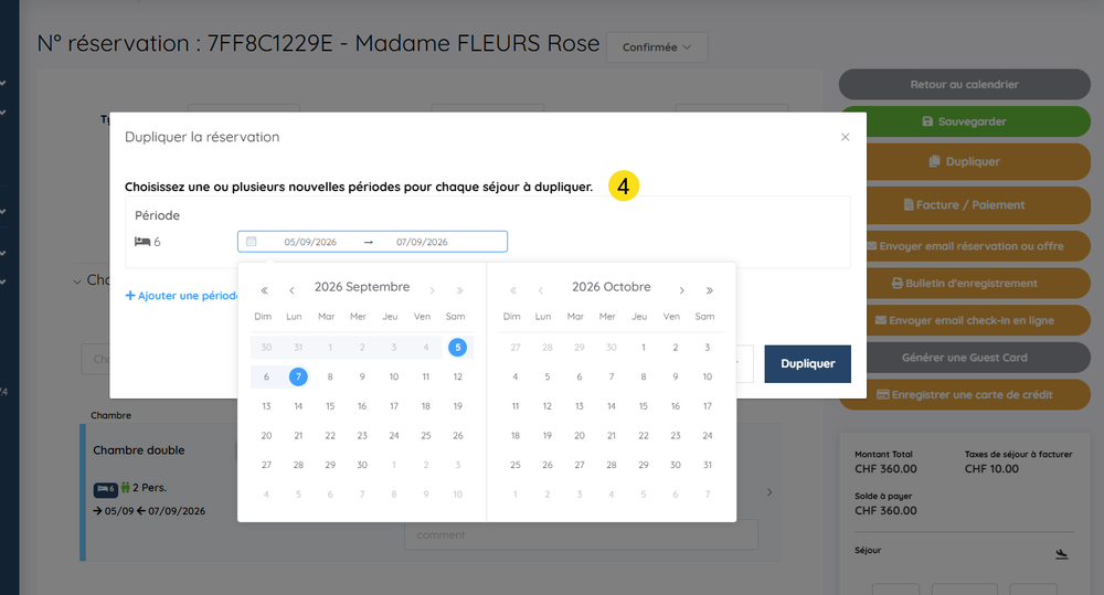 Fenêtre de duplication et sélection des dates