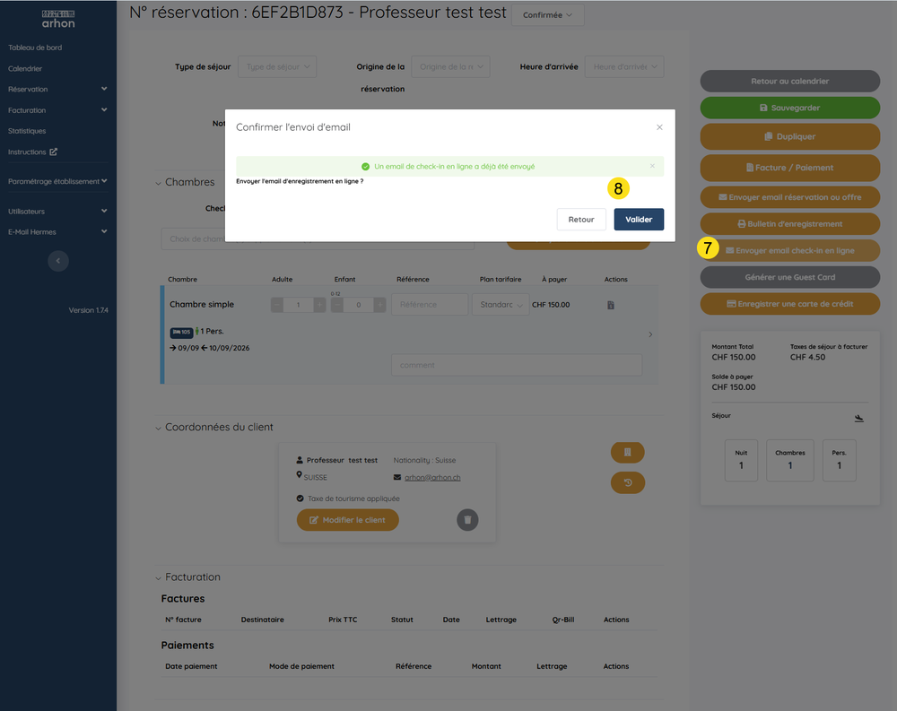 La confirmation d'envoi du check-in en ligne
