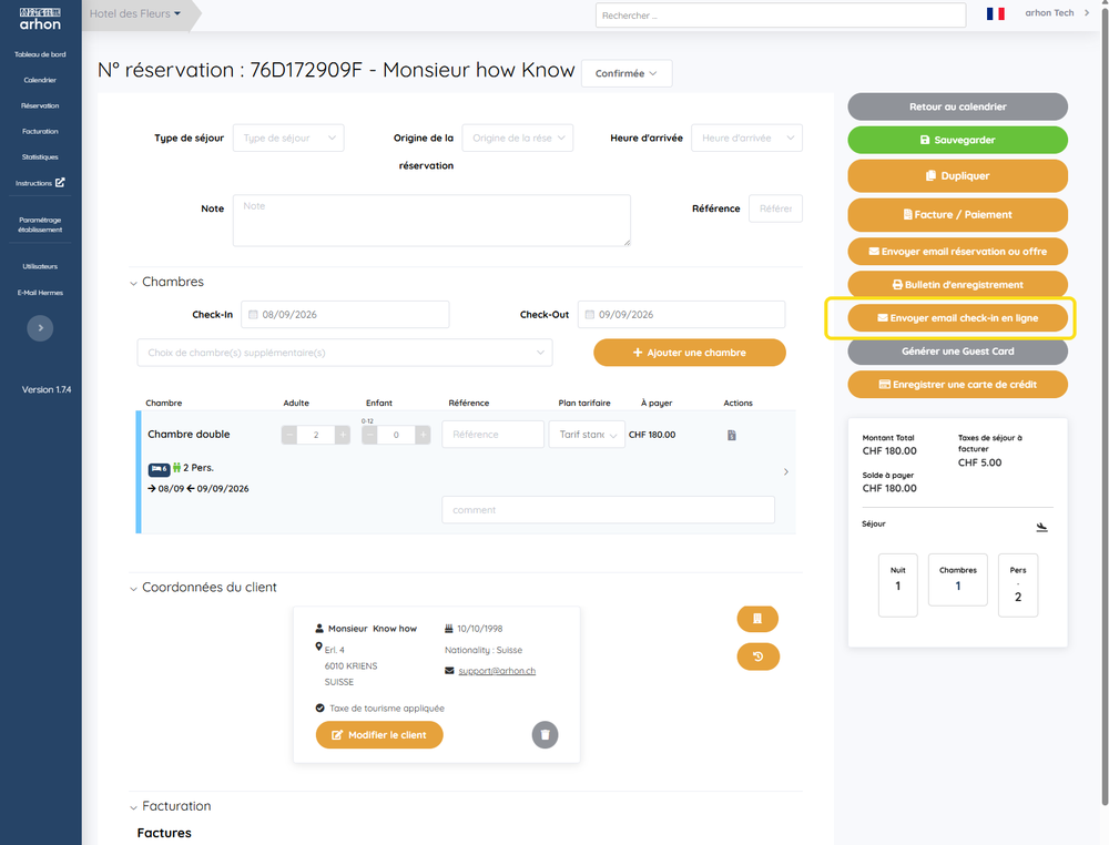 Bouton Envoyer email check-in en ligne dans la réservation