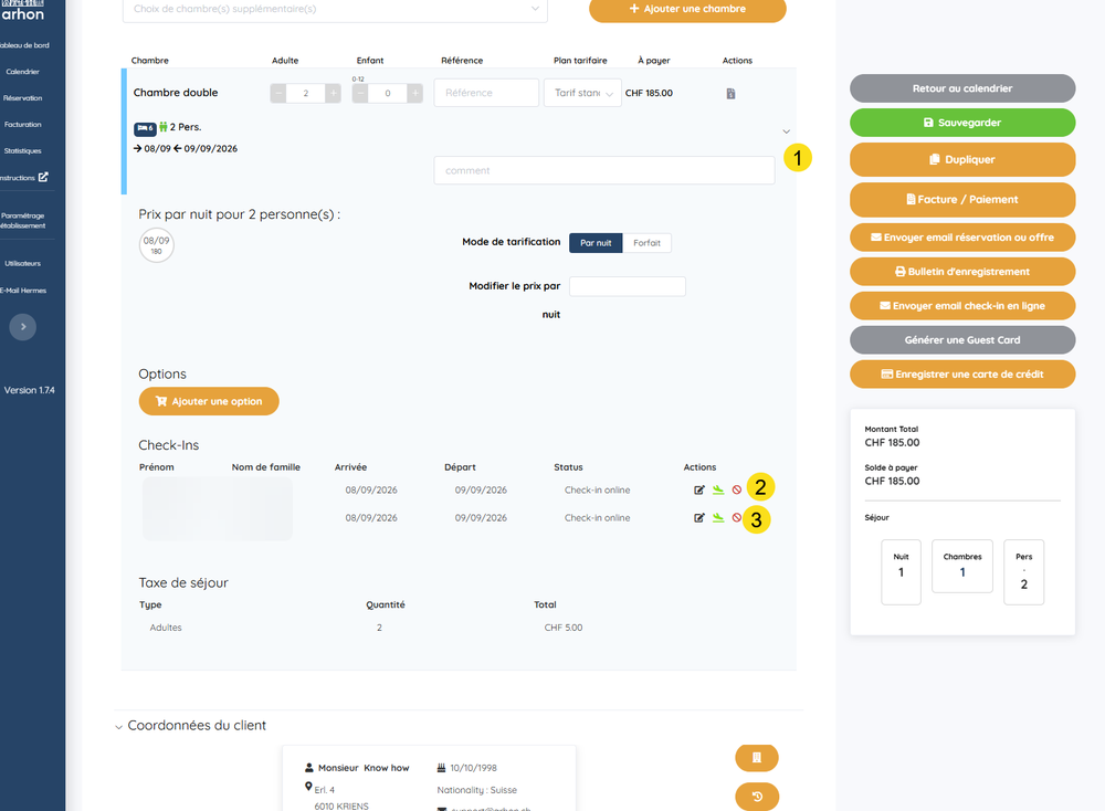 Validation du check-in en ligne depuis la réservation
