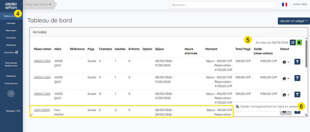 Widget Arrivées du tableau de bord