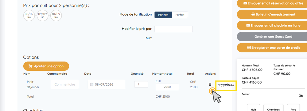 Corbeille de suppression sur une ligne d'option