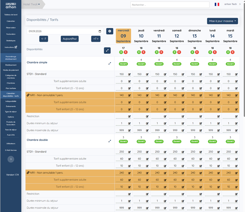 La grille des disponibilités et des tarifs