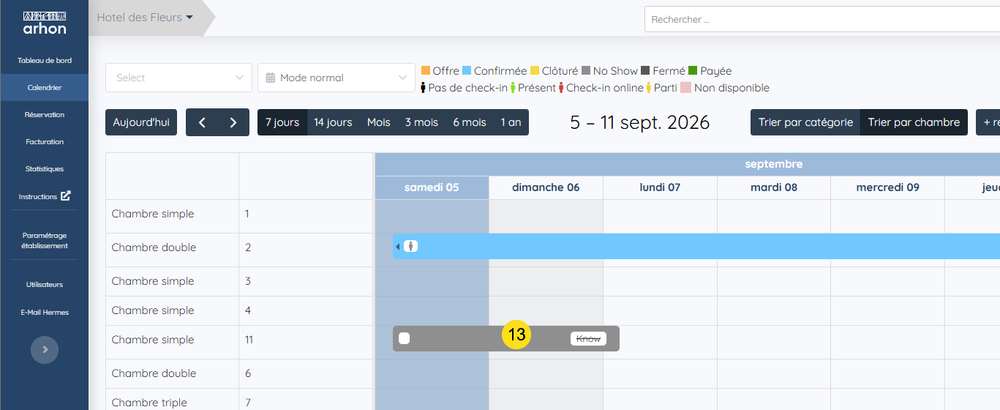 Réservation en no-show sur le calendrier