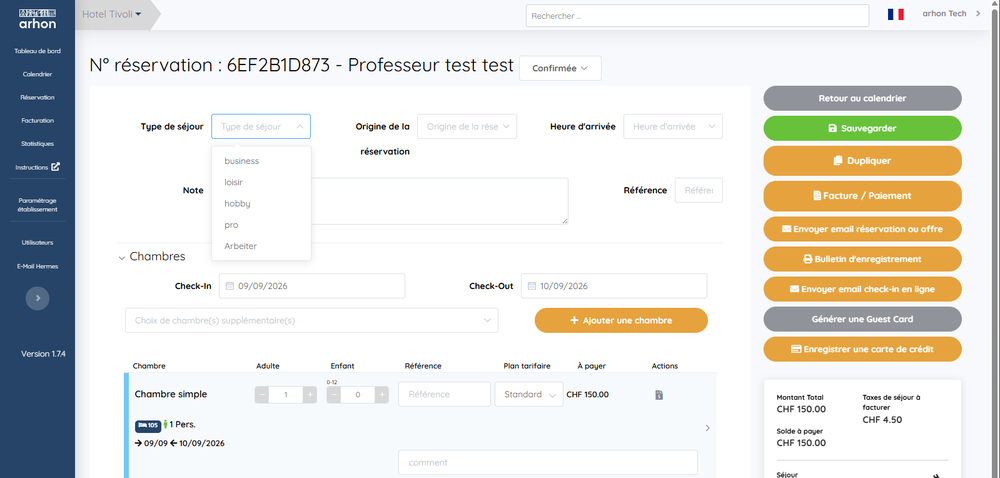 Le champ Type de séjour dans une réservation