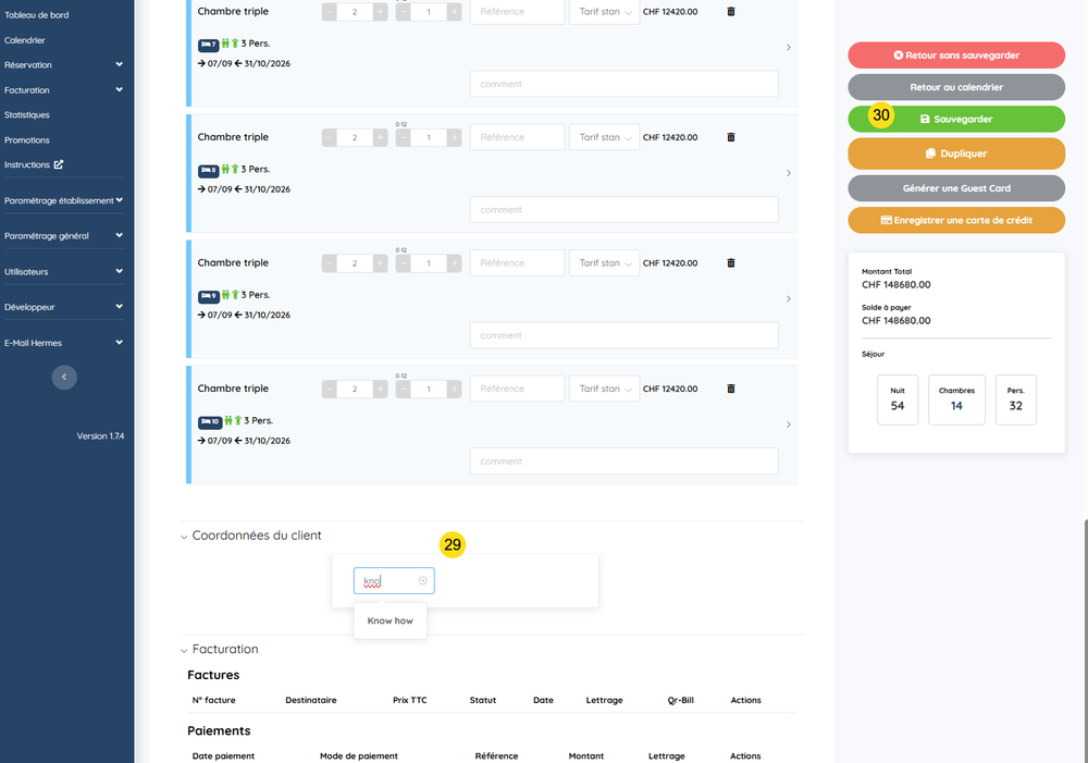 Recherche du client sur la fiche enregistrée