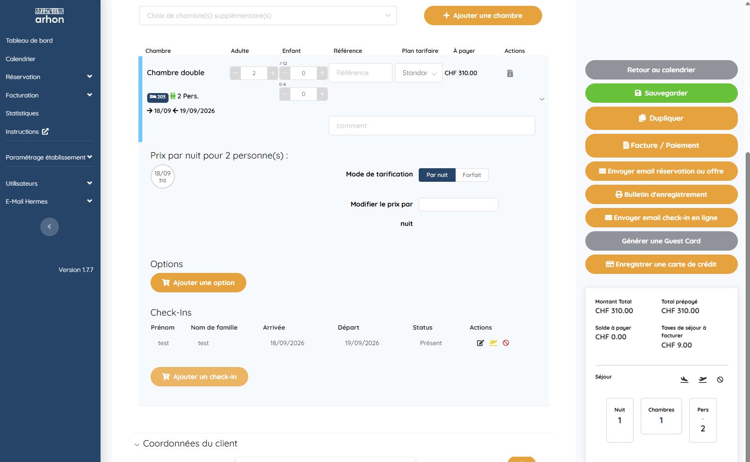 Bouton Ajouter un check-in dans la réservation