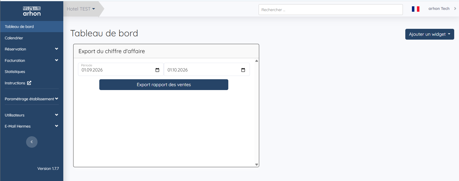 Widget Export du chiffre d'affaire, du 01.09.2026 au 01.10.2026